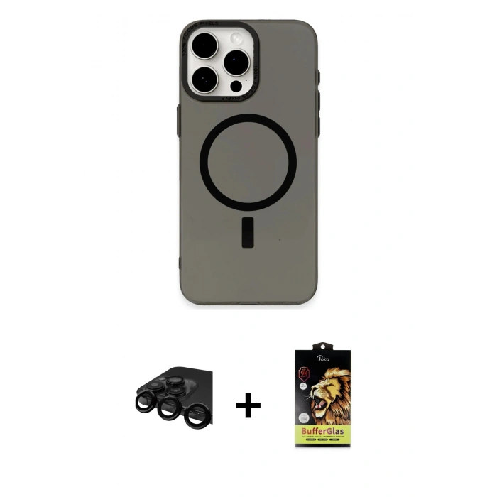 MARSİLYAN™- iPhone 15 Pro Kılıf Eksen Işık Prime - Siyah Buffer Cam Ekran Koruyucu + Raze Metal Kamera Lens - SH
