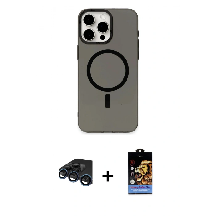 MARSİLYAN™- iPhone 15 Pro Kılıf Eksen Işık Prime - Siyah Buffer Hayalet Cam Ekran Koruyucu + Raze Metal Kamera Lens - LT