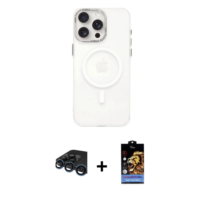 MARSİLYAN™- iPhone 15 Pro Kılıf Eksen Işık Prime - Siyah Buffer Hayalet Cam Ekran Koruyucu + Raze Metal Kamera Lens - LT