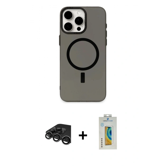 MARSİLYAN™- iPhone 15 Pro Kılıf Eksen Işık Prime - Siyah Polymer Nano Ekran Koruyucu + Raze Metal Kamera Lens - TMGI