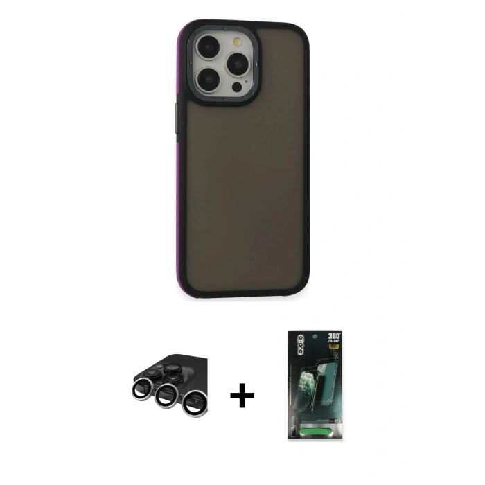 MARSİLYAN™- iPhone 15 Pro Kılıf Eksen Işık - Şeffaf 360 Full Body Arka Koruyucu + Raze Metal Kamera Lens - GS