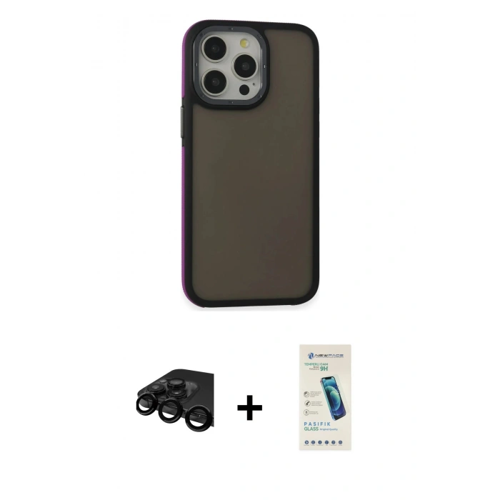 MARSİLYAN™- iPhone 15 Pro Kılıf Eksen Işık - Şeffaf Pasifik Cam Ekran Koruyucu + Raze Metal Kamera Lens - SH
