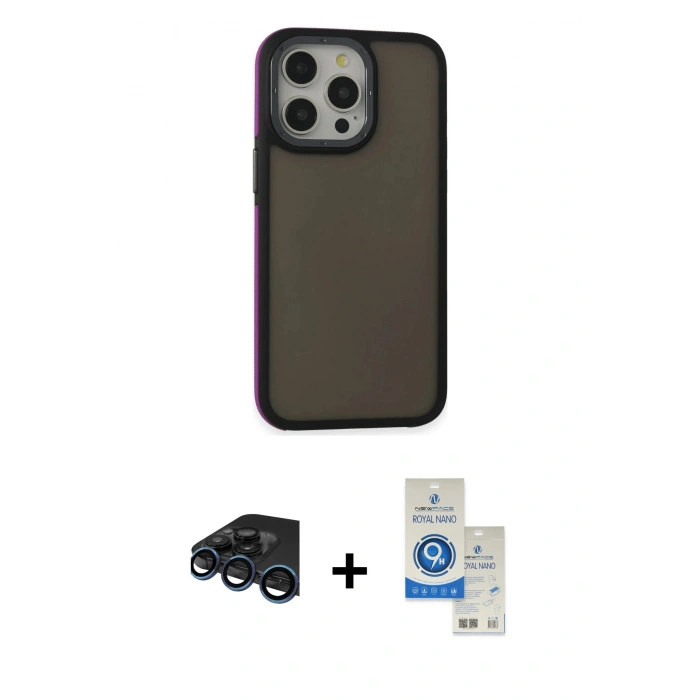 MARSİLYAN™- iPhone 15 Pro Kılıf Eksen Işık - Şeffaf Royal Nano Ekran Koruyucu + Raze Metal Kamera Lens - LT