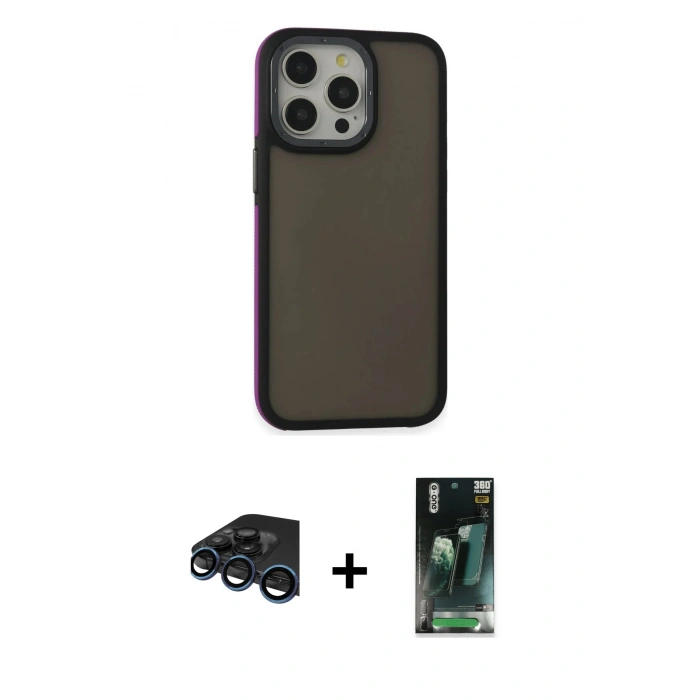MARSİLYAN™- iPhone 15 Pro Kılıf Eksen Işık - Siyah 360 Mat Full Body Arka Koruyucu + Raze Metal Kamera Lens - LT