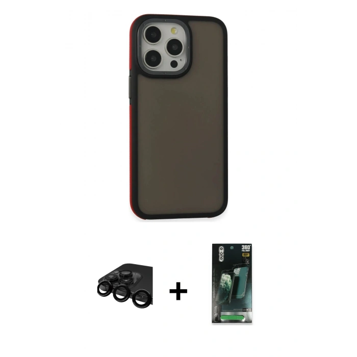 MARSİLYAN™- iPhone 15 Pro Kılıf Eksen Işık - Siyah 360 Mat Full Body Arka Koruyucu + Raze Metal Kamera Lens - SH