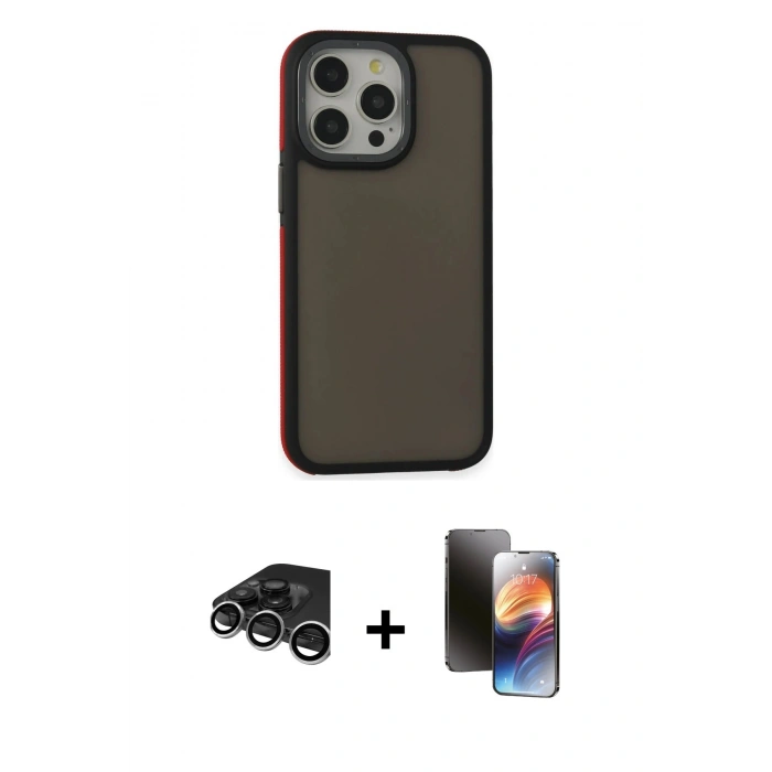 MARSİLYAN™- iPhone 15 Pro Kılıf Eksen Işık - Siyah 3D Antistatik Mat Seramik Nano Ekran Koruyucu + Raze Metal Kamera Lens - GS