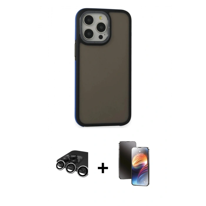MARSİLYAN™- iPhone 15 Pro Kılıf Eksen Işık - Siyah 3D Antistatik Mat Seramik Nano Ekran Koruyucu + Raze Metal Kamera Lens - GS