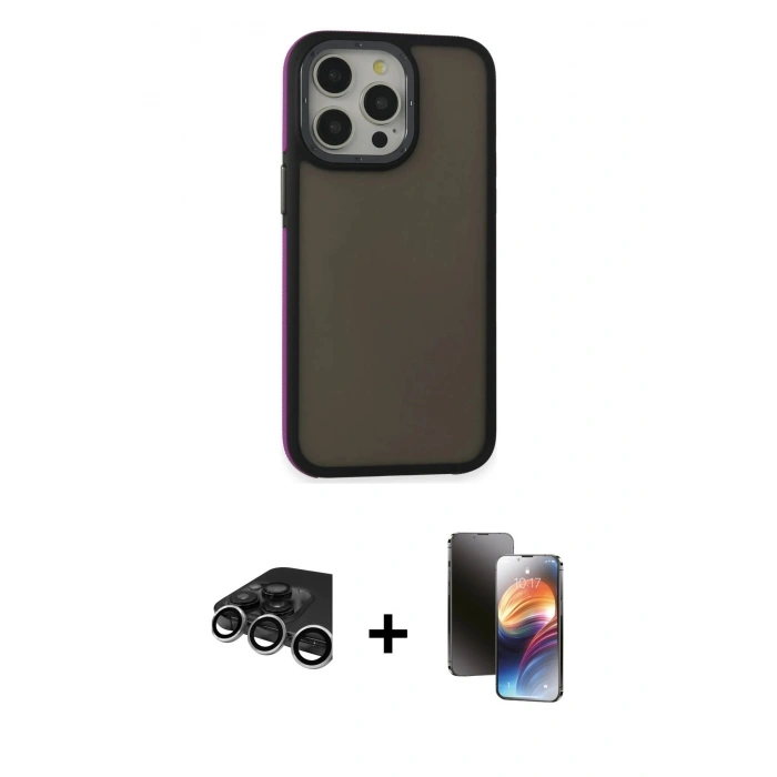 MARSİLYAN™- iPhone 15 Pro Kılıf Eksen Işık - Siyah 3D Antistatik Mat Seramik Nano Ekran Koruyucu + Raze Metal Kamera Lens - GS