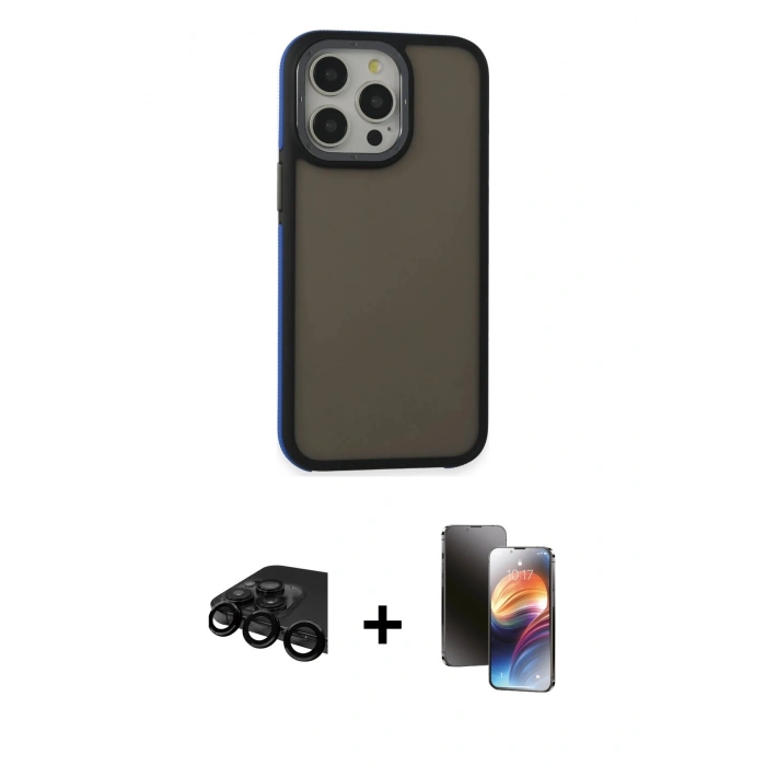 MARSİLYAN™- iPhone 15 Pro Kılıf Eksen Işık - Siyah 3D Antistatik Mat Seramik Nano Ekran Koruyucu + Raze Metal Kamera Lens - SH