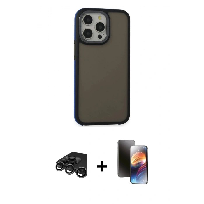 MARSİLYAN™- iPhone 15 Pro Kılıf Eksen Işık - Siyah 3D Antistatik Mat Seramik Nano Ekran Koruyucu + Raze Metal Kamera Lens - TMGI