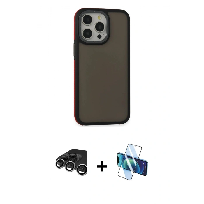 MARSİLYAN™- iPhone 15 Pro Kılıf Eksen Işık - Siyah 3D Antistatik Seramik Nano Ekran Koruyucu + Raze Metal Kamera Lens - GS