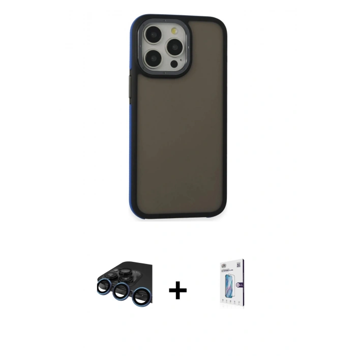 MARSİLYAN™- iPhone 15 Pro Kılıf Eksen Işık - Siyah Bilvis 0.18mm Plus Cam Ekran Koruyucu + Lacivert Raze Metal Kamera Lens