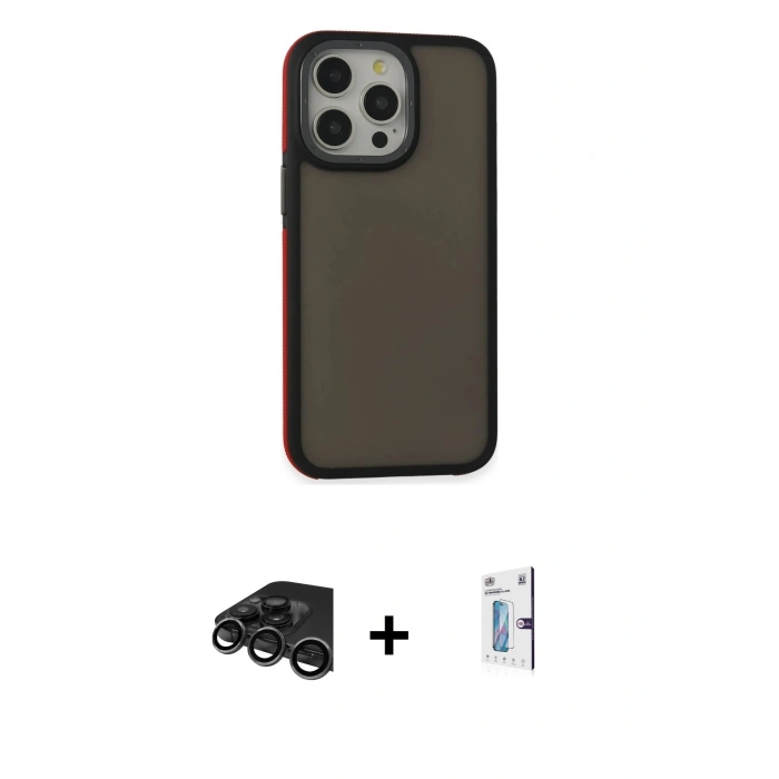 MARSİLYAN™- iPhone 15 Pro Kılıf Eksen Işık - Siyah Bilvis 0.18mm Plus Cam Ekran Koruyucu + Raze Metal Kamera Lens - TMGI