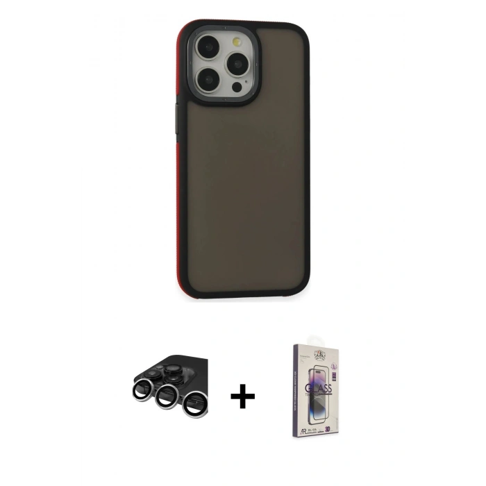 MARSİLYAN™- iPhone 15 Pro Kılıf Eksen Işık - Siyah Bilvis 3D Cam Ekran Koruyucu + Raze Metal Kamera Lens - GS