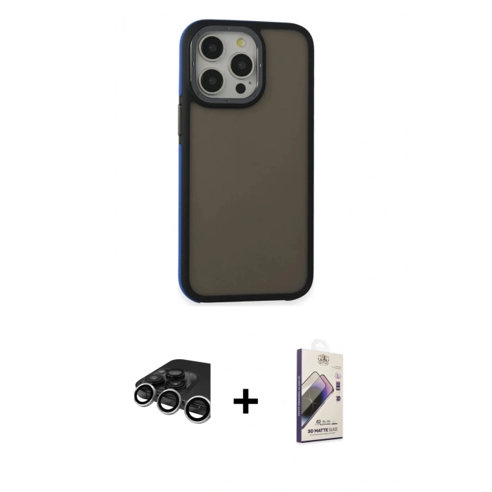 MARSİLYAN™- iPhone 15 Pro Kılıf Eksen Işık - Siyah Bilvis 3D Mat Cam Ekran Koruyucu + Raze Metal Kamera Lens - GS