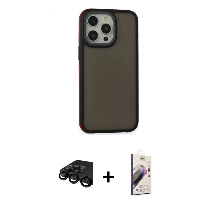 MARSİLYAN™- iPhone 15 Pro Kılıf Eksen Işık - Siyah Bilvis 3D Mat Cam Ekran Koruyucu + Raze Metal Kamera Lens - SH