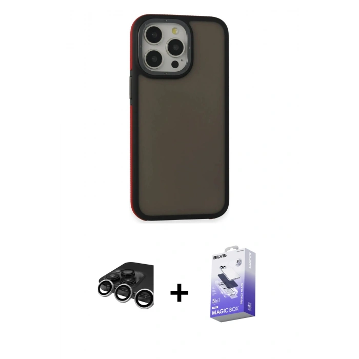 MARSİLYAN™- iPhone 15 Pro Kılıf Eksen Işık - Siyah Bilvis 5in1 5D Magic Hayalet Cam Ekran Koruyucu + Raze Metal Kamera Lens - GS