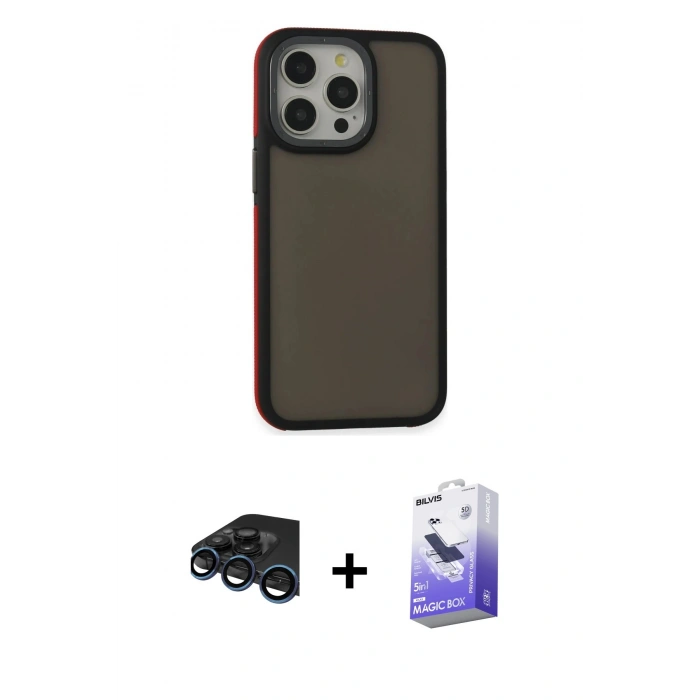 MARSİLYAN™- iPhone 15 Pro Kılıf Eksen Işık - Siyah Bilvis 5in1 5D Magic Hayalet Cam Ekran Koruyucu + Raze Metal Kamera Lens - LT