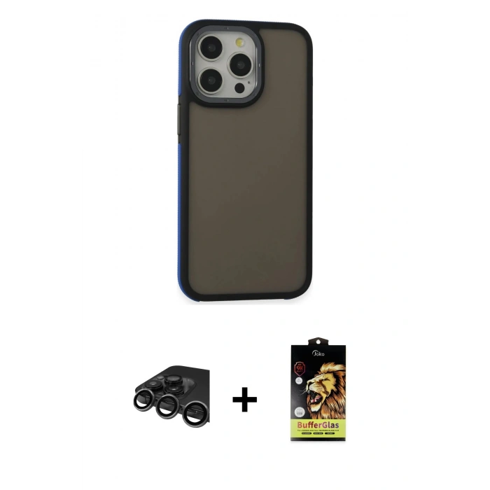 MARSİLYAN™- iPhone 15 Pro Kılıf Eksen Işık - Siyah Buffer Cam Ekran Koruyucu + Raze Metal Kamera Lens - TMGI
