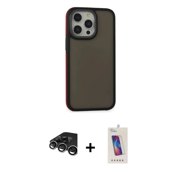 MARSİLYAN™- iPhone 15 Pro Kılıf Eksen Işık - Siyah Joko 5D Cam + Gümüş Raze Metal Kamera Lens