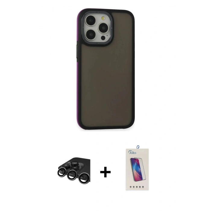 MARSİLYAN™- iPhone 15 Pro Kılıf Eksen Işık - Siyah Joko 5D Cam + Raze Metal Kamera Lens - TMGI