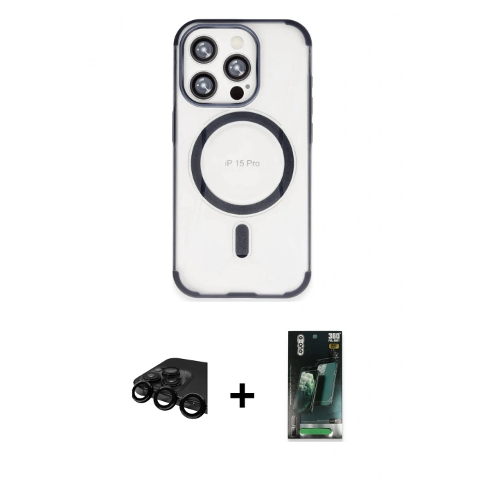 MARSİLYAN™- iPhone 15 Pro Kılıf Eksen Klasik Koleksiyonu - Şeffaf 360 Full Body Arka Koruyucu + Raze Metal Kamera Lens - SH