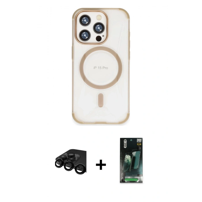 MARSİLYAN™- iPhone 15 Pro Kılıf Eksen Klasik Koleksiyonu - Şeffaf 360 Full Body Arka Koruyucu + Raze Metal Kamera Lens - SH