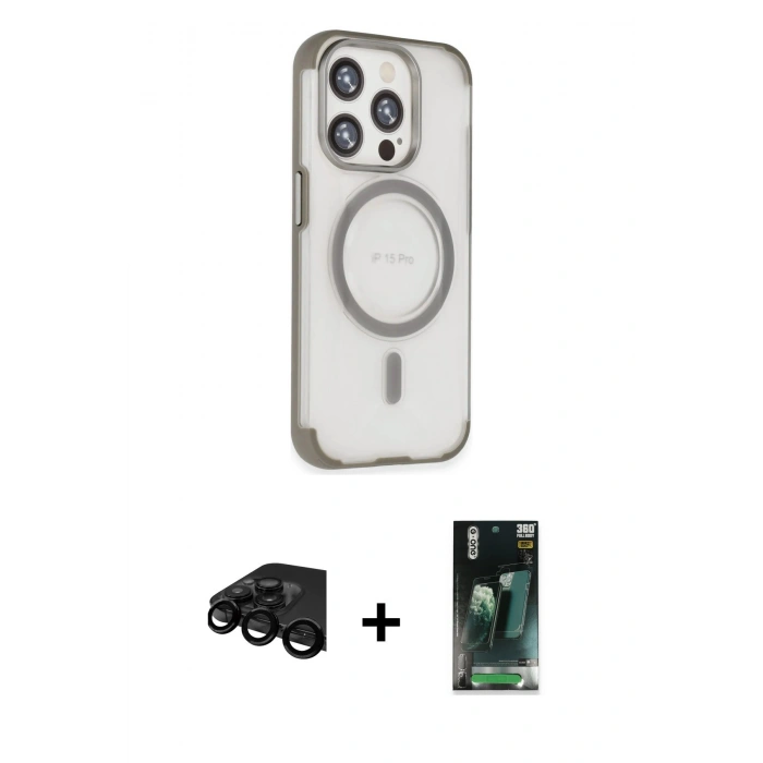 MARSİLYAN™- iPhone 15 Pro Kılıf Eksen Klasik Koleksiyonu - Şeffaf 360 Full Body Arka Koruyucu + Raze Metal Kamera Lens - SH