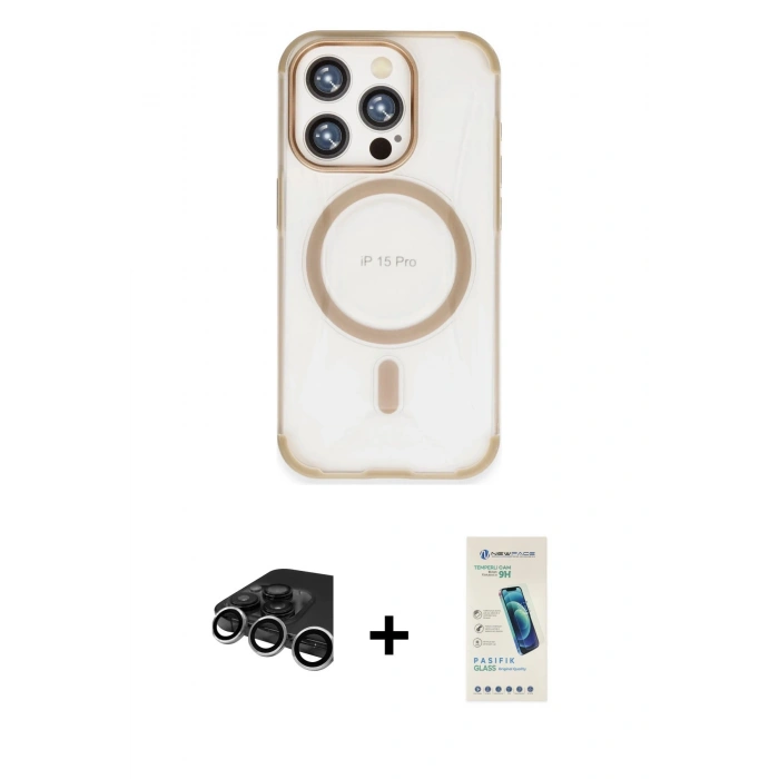 MARSİLYAN™- iPhone 15 Pro Kılıf Eksen Klasik Koleksiyonu - Şeffaf Pasifik Cam Ekran Koruyucu + Raze Metal Kamera Lens - GS