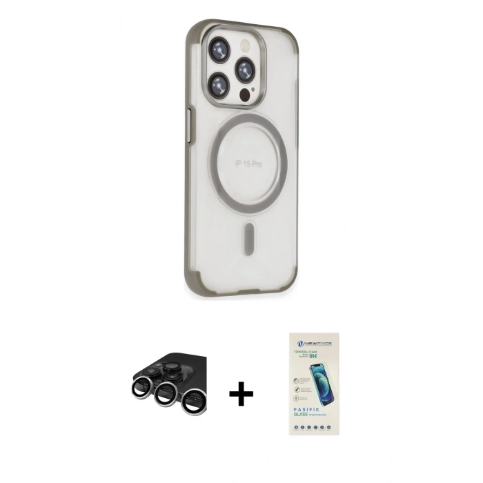 MARSİLYAN™- iPhone 15 Pro Kılıf Eksen Klasik Koleksiyonu - Şeffaf Pasifik Cam Ekran Koruyucu + Raze Metal Kamera Lens - GS