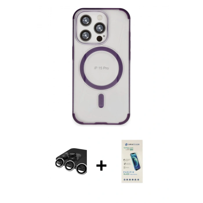 MARSİLYAN™- iPhone 15 Pro Kılıf Eksen Klasik Koleksiyonu - Şeffaf Pasifik Cam Ekran Koruyucu + Raze Metal Kamera Lens - GS