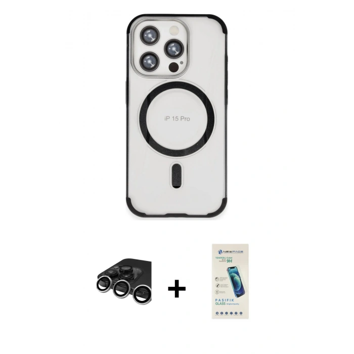 MARSİLYAN™- iPhone 15 Pro Kılıf Eksen Klasik Koleksiyonu - Şeffaf Pasifik Cam Ekran Koruyucu + Raze Metal Kamera Lens - GS