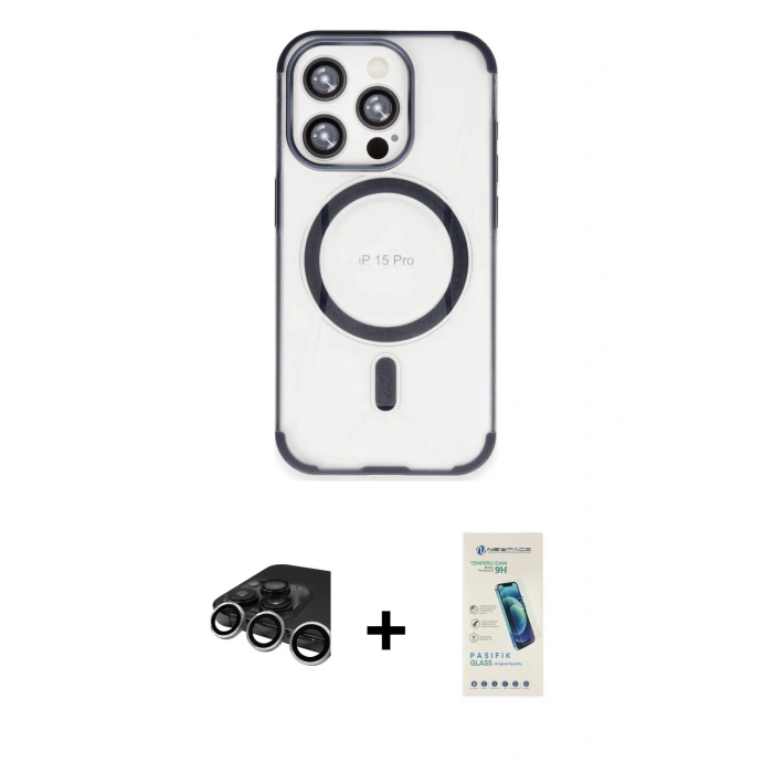 MARSİLYAN™- iPhone 15 Pro Kılıf Eksen Klasik Koleksiyonu - Şeffaf Pasifik Cam Ekran Koruyucu + Raze Metal Kamera Lens - GS