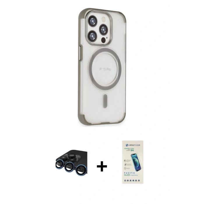 MARSİLYAN™- iPhone 15 Pro Kılıf Eksen Klasik Koleksiyonu - Şeffaf Pasifik Cam Ekran Koruyucu + Raze Metal Kamera Lens - LT