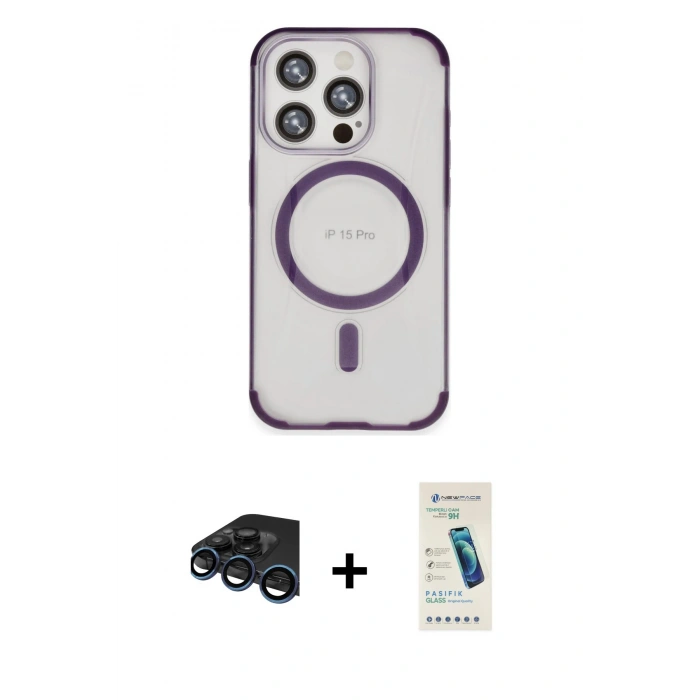 MARSİLYAN™- iPhone 15 Pro Kılıf Eksen Klasik Koleksiyonu - Şeffaf Pasifik Cam Ekran Koruyucu + Raze Metal Kamera Lens - LT