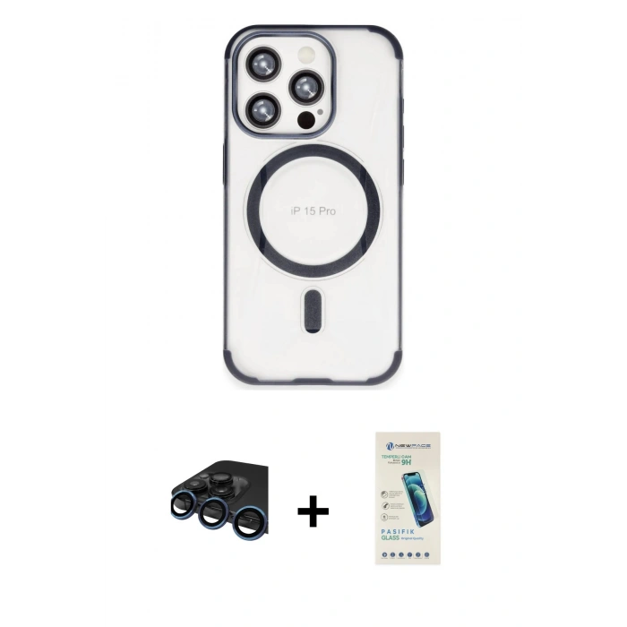 MARSİLYAN™- iPhone 15 Pro Kılıf Eksen Klasik Koleksiyonu - Şeffaf Pasifik Cam Ekran Koruyucu + Raze Metal Kamera Lens - LT
