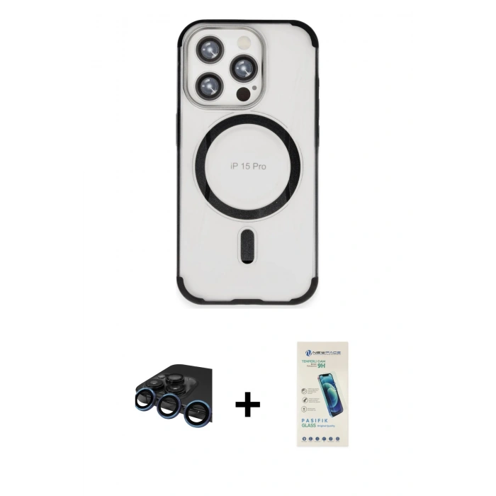 MARSİLYAN™- iPhone 15 Pro Kılıf Eksen Klasik Koleksiyonu - Şeffaf Pasifik Cam Ekran Koruyucu + Raze Metal Kamera Lens - LT