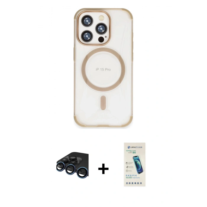 MARSİLYAN™- iPhone 15 Pro Kılıf Eksen Klasik Koleksiyonu - Şeffaf Pasifik Cam Ekran Koruyucu + Raze Metal Kamera Lens - LT