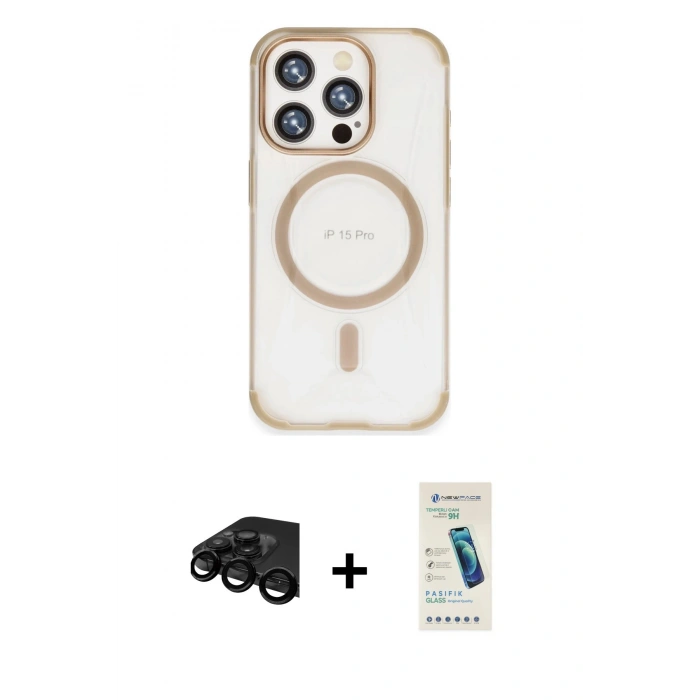 MARSİLYAN™- iPhone 15 Pro Kılıf Eksen Klasik Koleksiyonu - Şeffaf Pasifik Cam Ekran Koruyucu + Raze Metal Kamera Lens - SH