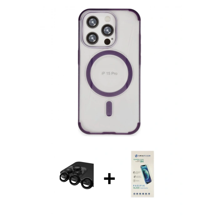 MARSİLYAN™- iPhone 15 Pro Kılıf Eksen Klasik Koleksiyonu - Şeffaf Pasifik Cam Ekran Koruyucu + Raze Metal Kamera Lens - SH
