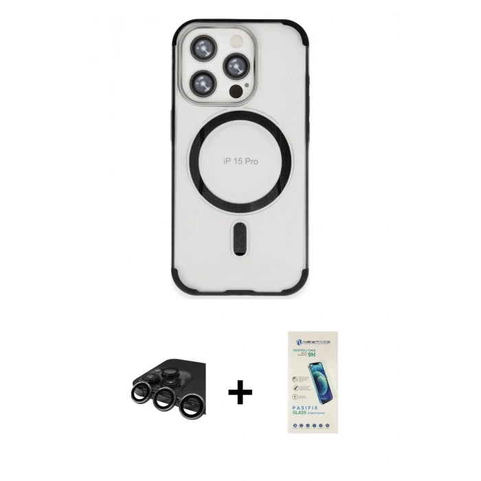 MARSİLYAN™- iPhone 15 Pro Kılıf Eksen Klasik Koleksiyonu - Şeffaf Pasifik Cam Ekran Koruyucu + Raze Metal Kamera Lens - TMGI