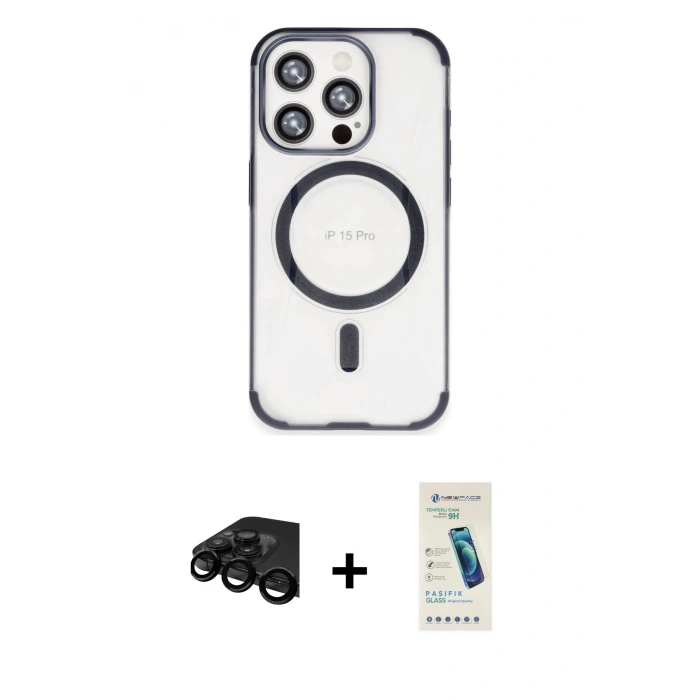 MARSİLYAN™- iPhone 15 Pro Kılıf Eksen Klasik Koleksiyonu - Şeffaf Pasifik Cam Ekran Koruyucu + Raze Metal Kamera Lens - SH