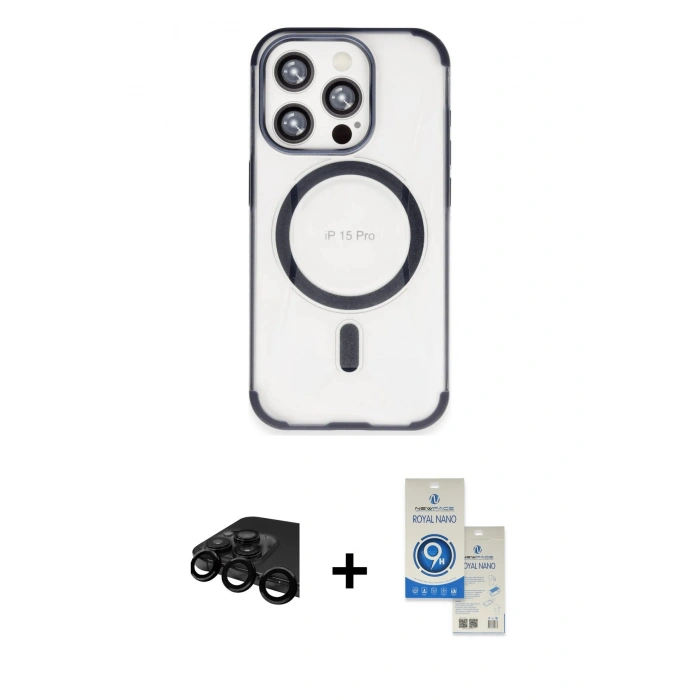 MARSİLYAN™- iPhone 15 Pro Kılıf Eksen Klasik Koleksiyonu - Şeffaf Royal Nano Ekran Koruyucu + Siyah Raze Metal Kamera Lens