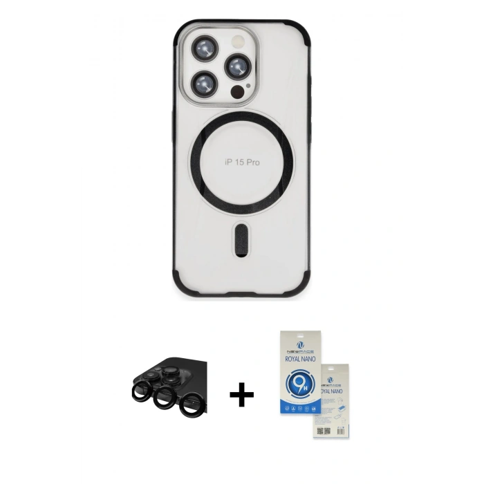 MARSİLYAN™- iPhone 15 Pro Kılıf Eksen Klasik Koleksiyonu - Şeffaf Royal Nano Ekran Koruyucu + Siyah Raze Metal Kamera Lens