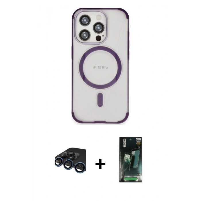 MARSİLYAN™- iPhone 15 Pro Kılıf Eksen Klasik Koleksiyonu - Siyah 360 Mat Full Body Arka Koruyucu + Lacivert Raze Metal Kamera Lens