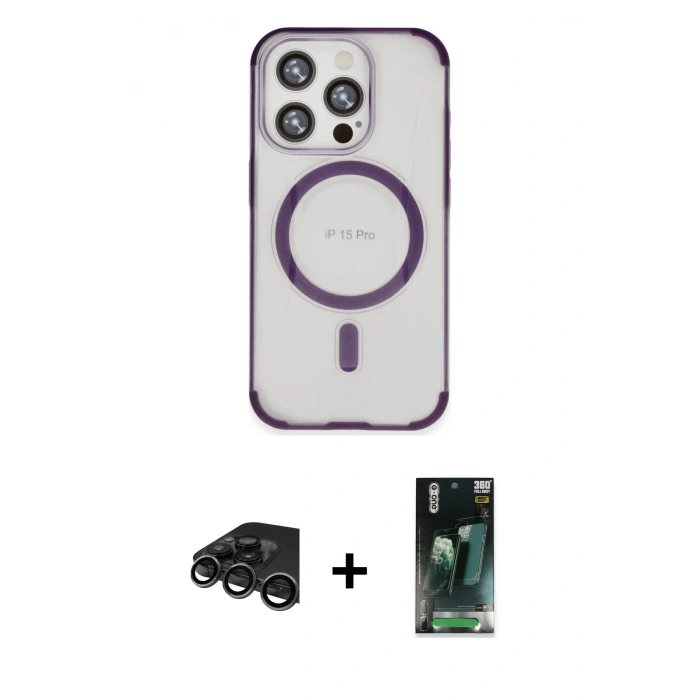 MARSİLYAN™- iPhone 15 Pro Kılıf Eksen Klasik Koleksiyonu - Siyah 360 Mat Full Body Arka Koruyucu + Raze Metal Kamera Lens - TMGI