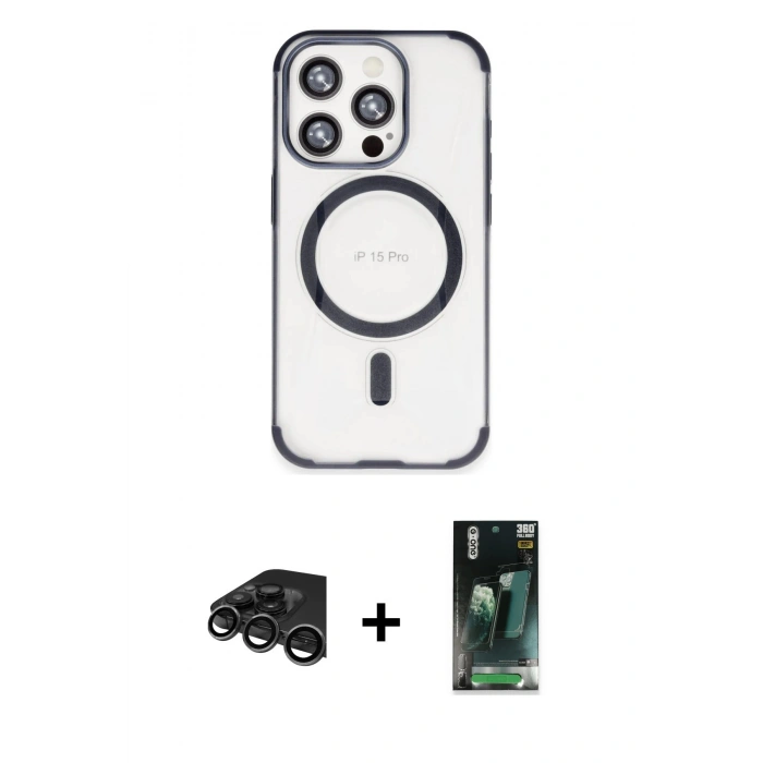 MARSİLYAN™- iPhone 15 Pro Kılıf Eksen Klasik Koleksiyonu - Siyah 360 Mat Full Body Arka Koruyucu + Raze Metal Kamera Lens - TMGI