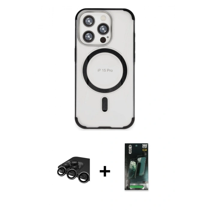 MARSİLYAN™- iPhone 15 Pro Kılıf Eksen Klasik Koleksiyonu - Siyah 360 Mat Full Body Arka Koruyucu + Raze Metal Kamera Lens - TMGI