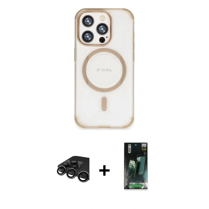 MARSİLYAN™- iPhone 15 Pro Kılıf Eksen Klasik Koleksiyonu - Siyah 360 Mat Full Body Arka Koruyucu + Raze Metal Kamera Lens - TMGI