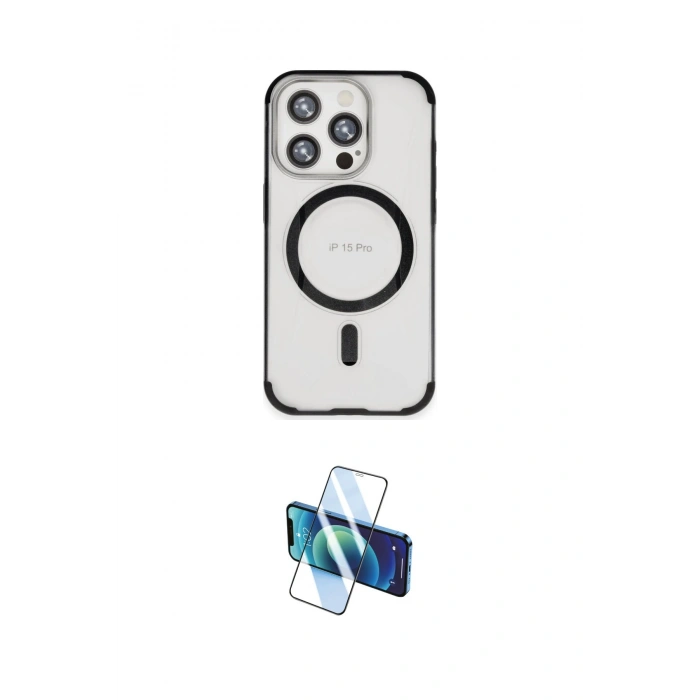 MARSİLYAN™- iPhone 15 Pro Kılıf Eksen Klasik Koleksiyonu - Siyah 3D Antistatik Cam Ekran Koruyucu